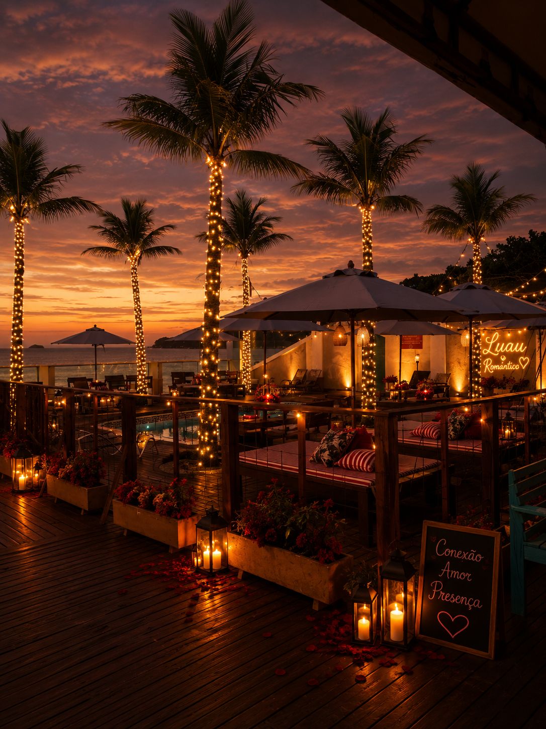 Portal Beach Club decorado para o Luau Romântico ao pôr do sol